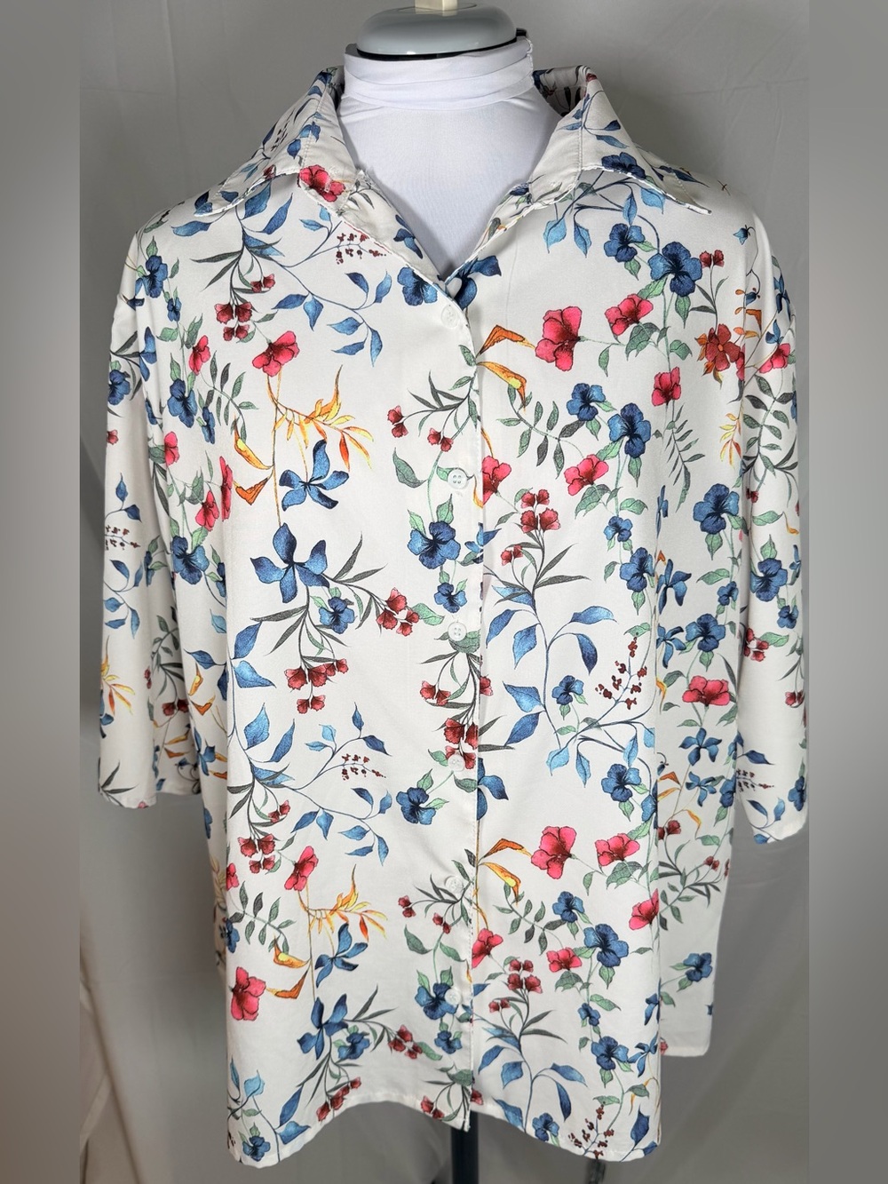 White button down with colorful floral print